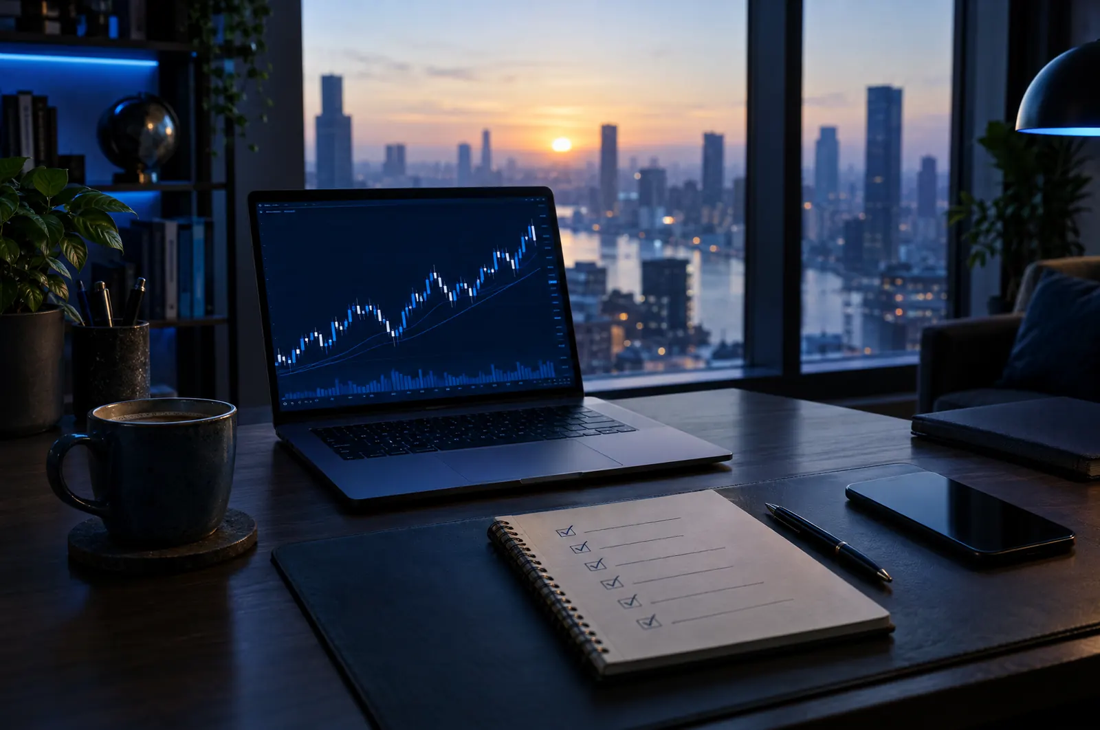 A calm trading desk at dawn with a laptop chart and a six-item checklist